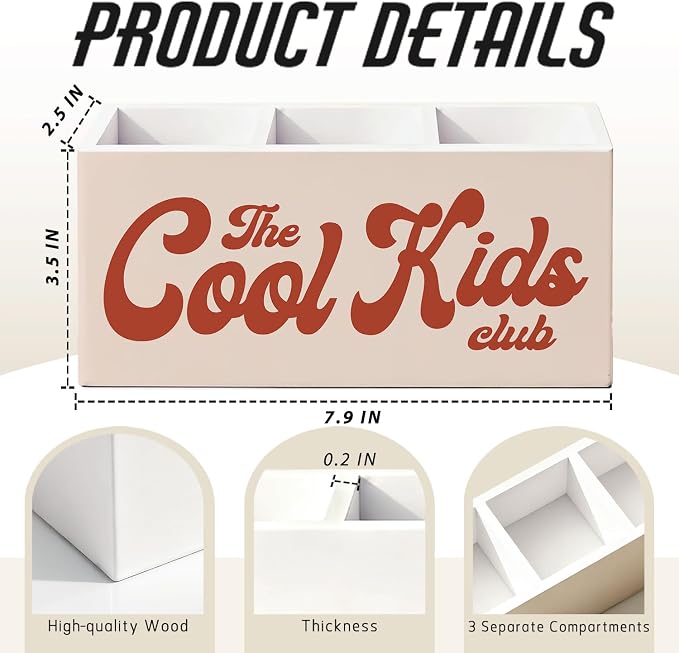 Kids Room Decor Pen Pencil Holder for Desk, The Cool Kids Club Wooden Box Sign Decorations for Boys Girls Room Bedroom Playroom Classroom Desk Tabletop