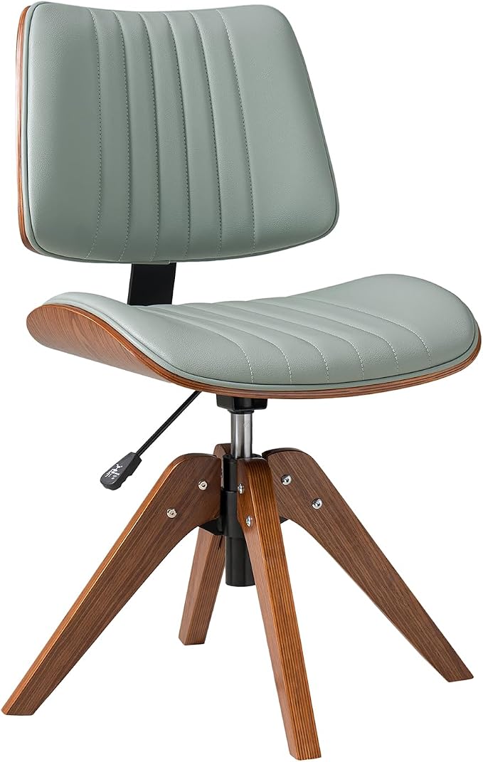 HULALA HOME Faux Leather Home Office Chair with Solid Wood Legs, 360° Swivel Desk Chair No Wheels with Bentwood Design, Mid-Century Modern Wide Seat Computer Task Chair, Sage