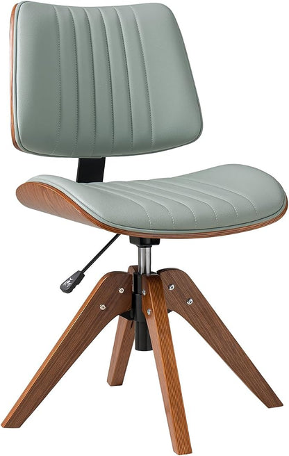 HULALA HOME Faux Leather Home Office Chair with Solid Wood Legs, 360° Swivel Desk Chair No Wheels with Bentwood Design, Mid-Century Modern Wide Seat Computer Task Chair, Sage
