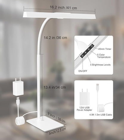 Desk Lamp for Home Office with Base, Eye-Caring Desk Light with Adjustable Gooseneck, 12W USB Adapter Touch Control 5 Dimmable Brightness & Color Tall Lamp for Work, Computer, Study, Task