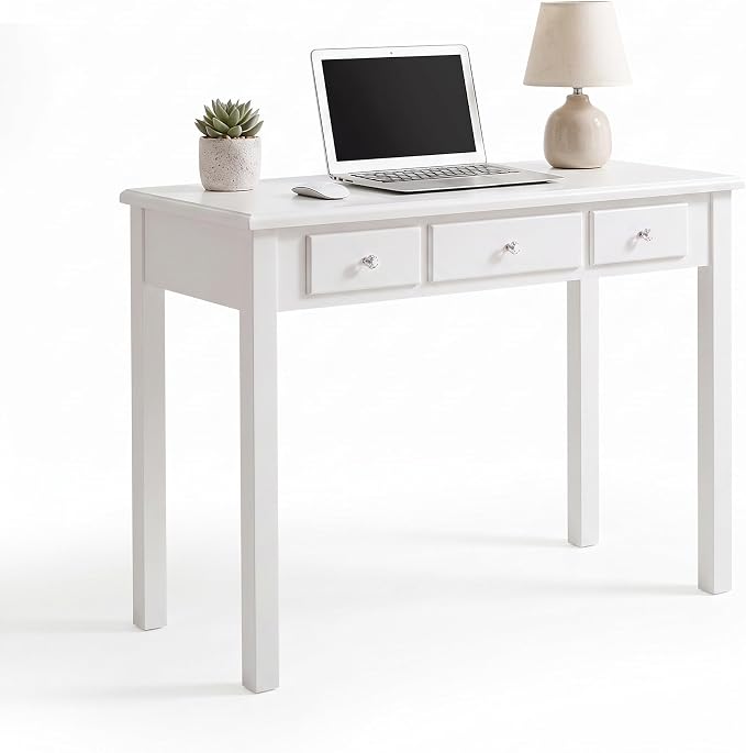 STHOUYN Small White Writing Desk with Drawers, Vanity Table for Bedroom | Small Farmhouse Makeup Vanity Desk No Mirror, Adult/Student Writing Desk with Drawers for Small Spaces, Home Office, Study