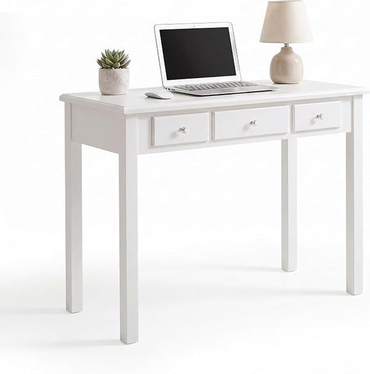 STHOUYN Small White Writing Desk with Drawers, Vanity Table for Bedroom | Small Farmhouse Makeup Vanity Desk No Mirror, Adult/Student Writing Desk with Drawers for Small Spaces, Home Office, Study