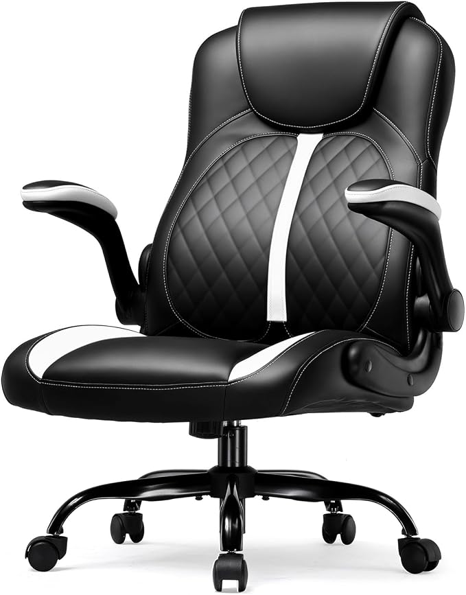 GTPLAYER Office Computer Gaming Chair Ergonomic Desk Chair for Adults with Lumbar Support Flip-Up Arms Adjustable Height Swivel Wheels PU Leather Executive Design for Short People Use, White