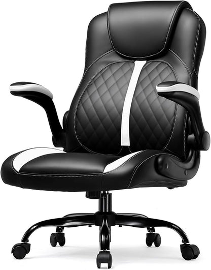 GTPLAYER Office Computer Gaming Chair Ergonomic Desk Chair for Adults with Lumbar Support Flip-Up Arms Adjustable Height Swivel Wheels PU Leather Executive Design for Short People Use, White