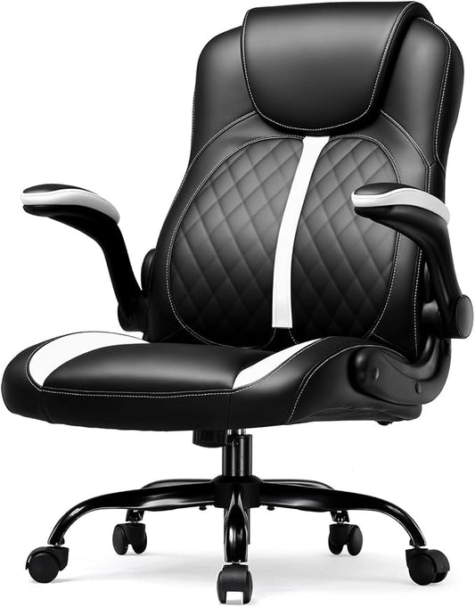 GTPLAYER Office Computer Gaming Chair Ergonomic Desk Chair for Adults with Lumbar Support Flip-Up Arms Adjustable Height Swivel Wheels PU Leather Executive Design for Short People Use, White