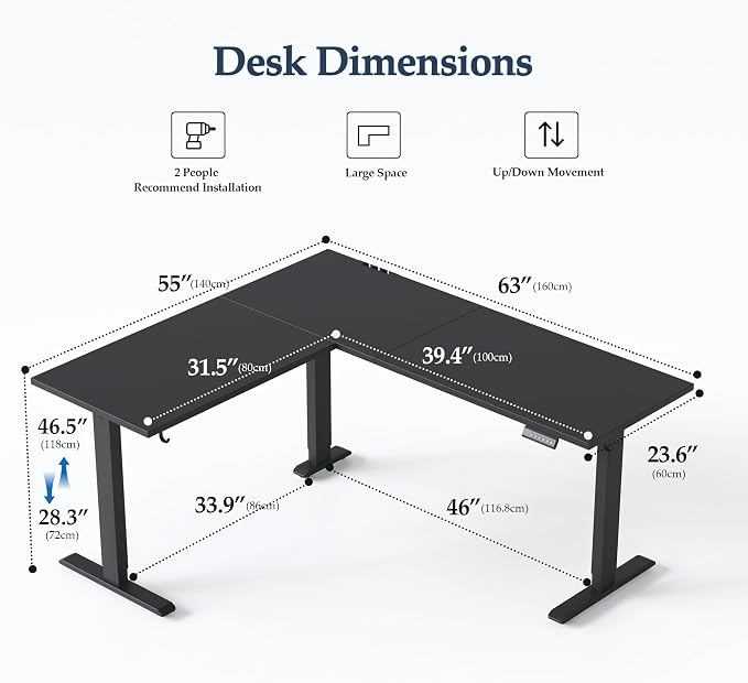 Klicelor L Shaped Standing Desk 63 x 55 Inch, Electric Height Adjustable Corner Desk for Home Office Workstation, Ergonomic Sit Stand Computer Table with Memory Controller, Black