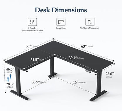 Klicelor L Shaped Standing Desk 63 x 55 Inch, Electric Height Adjustable Corner Desk for Home Office Workstation, Ergonomic Sit Stand Computer Table with Memory Controller, Black