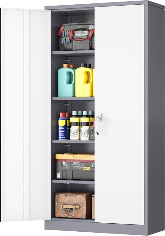INTERGREAT Metal Garage Storage Cabinet with Lock, 72" Storage Cabinet with Locking Doors and 4 Adjustable Shelves, Lockable Steel Tool Cabinet for Home Office, School, Double Grey