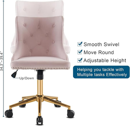 VINGLI Light Pink Velvet Armless Home Office Desk Chair with Gold Base/Wheels,Cute Vanity/Makeup Chair with Back for Bedroom, Upholstered Adjustable Rolling Swivel Nail Chair for Women/Girls