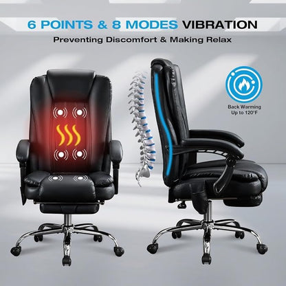 BOSMILLER 500lbs Big and Tall Office Chair, 6-Points Massage Office Chair, Executive Heated Desk Chair with Adjustable Footrest, Reclining High Back for Home Office