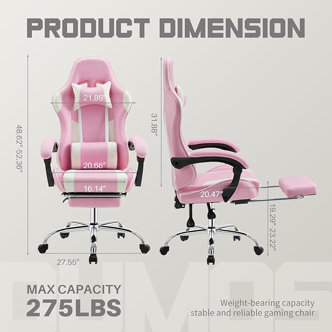 NEWBULIG Gaming Chair with Footrest – Ergonomic High-Back with Lumbar & Headrest Support, Comfy PU Leather Recliner with Linkage Armrests, Adjustable Height, 360° Swivel, Pink