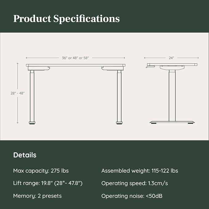Branch Duo Standing Desk 48 Inches - Adjustable Standing Desk with 20” Range - OLED Control Panel - Frameless Design & Compact Size Suitable for Many Spaces - Woodgrain Base - White Top