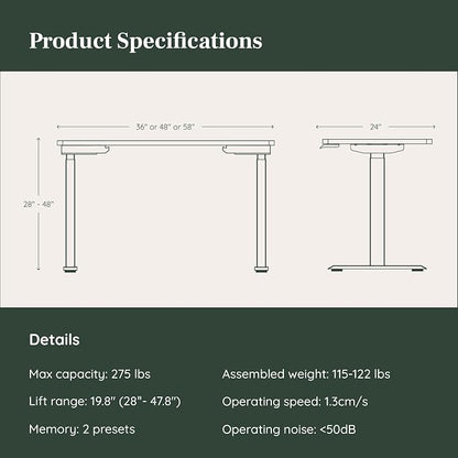 Branch Duo Standing Desk 48 Inches - Adjustable Standing Desk with 20” Range - OLED Control Panel - Frameless Design & Compact Size Suitable for Many Spaces - Woodgrain Base - White Top