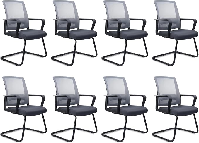 CLATINA Waiting Room Chairs with Armrests and Adjustable Lumbar Support, Breathable Mesh Back Desk Chair No Wheels, Office Guest Chairs & Reception Chair for Conference Room, Grey, 8PK