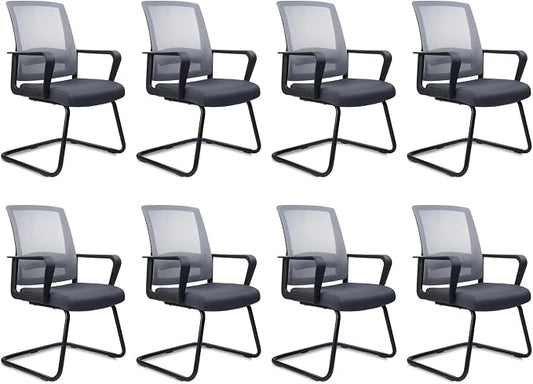 CLATINA Waiting Room Chairs with Armrests and Adjustable Lumbar Support, Breathable Mesh Back Desk Chair No Wheels, Office Guest Chairs & Reception Chair for Conference Room, Grey, 8PK