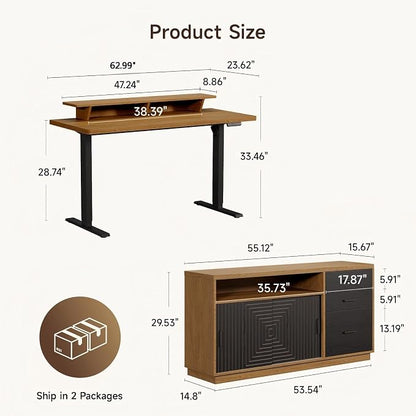 ONBRILL 63" Electric Standing Desk with 55" File Cabinet, Adjustable Height Home Office Furniture Set with Monitor Stand and 3 Drawers, Executive Workstationfor Home Office, Oak Brown