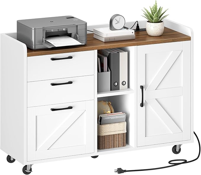 HOOBRO Lateral File Cabinet with Charging Station, Wooden Office Storage Cabinet with 3 Drawers and Door,Farmhouse Filing Cabinet Printer Stand for Home Office, Fits A4, Letter Size, White WH35UWJ01