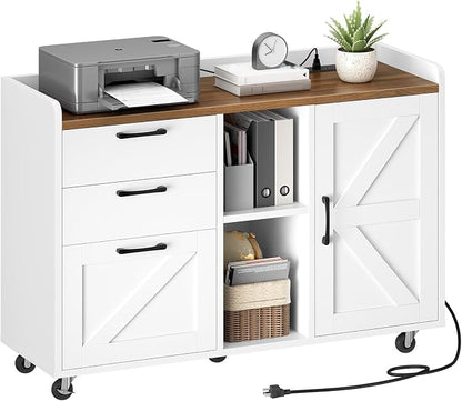 HOOBRO Lateral File Cabinet with Charging Station, Wooden Office Storage Cabinet with 3 Drawers and Door,Farmhouse Filing Cabinet Printer Stand for Home Office, Fits A4, Letter Size, White WH35UWJ01