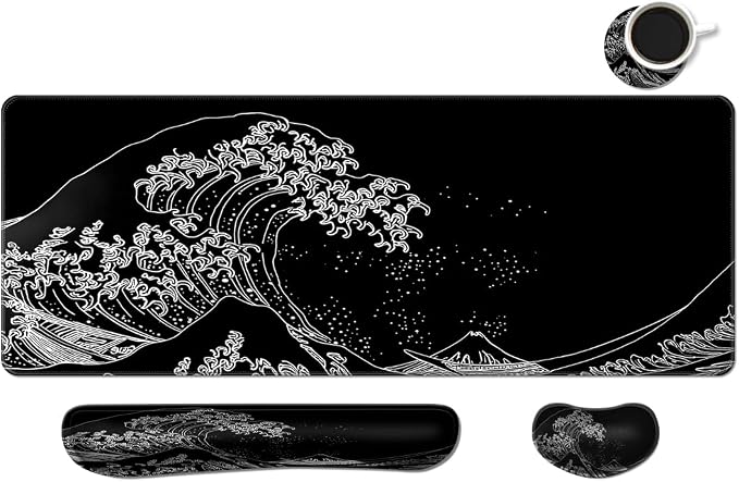 MIBITRI Keyboard Mouse Pad Set, Extended Gaming Mouse Pad+Ergonomics Keyboard Wrist Rest Support, Memory Foam, Easy Typing Pain Relief, 4Pcs XXL Ultra Thick Desk Mat, Japanese Wave
