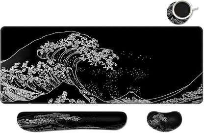 MIBITRI Keyboard Mouse Pad Set, Extended Gaming Mouse Pad+Ergonomics Keyboard Wrist Rest Support, Memory Foam, Easy Typing Pain Relief, 4Pcs XXL Ultra Thick Desk Mat, Japanese Wave
