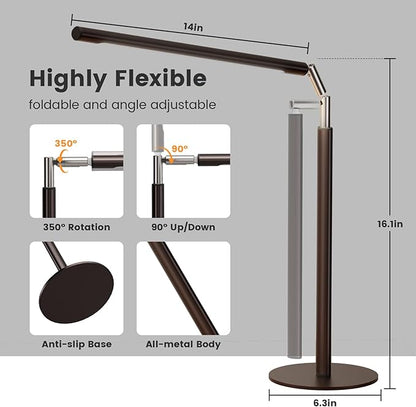 Brown LED Desk Lamp - 16" Foldable Metal Desk Light with Base, 15W, 1200LM, Dimmable Color Changing Table Lamp for Reading Study, Modern Table Lamp for Home Office Laptop College Dorm
