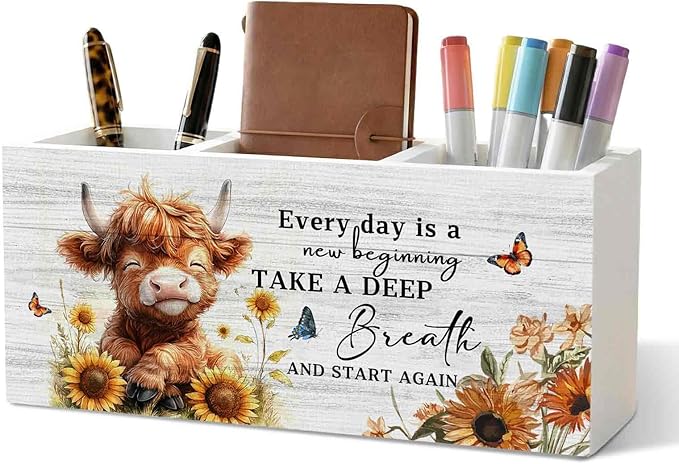 Motivational Highland Cow Pencil Pen Holder for Desk Organizer, Motivational Gifts, Farmhouse Highland Cow Nursery Wooden Box Decorations for Home Office Kids Room Desk Tabletop Decor