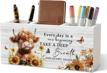 Motivational Highland Cow Pencil Pen Holder for Desk Organizer, Motivational Gifts, Farmhouse Highland Cow Nursery Wooden Box Decorations for Home Office Kids Room Desk Tabletop Decor