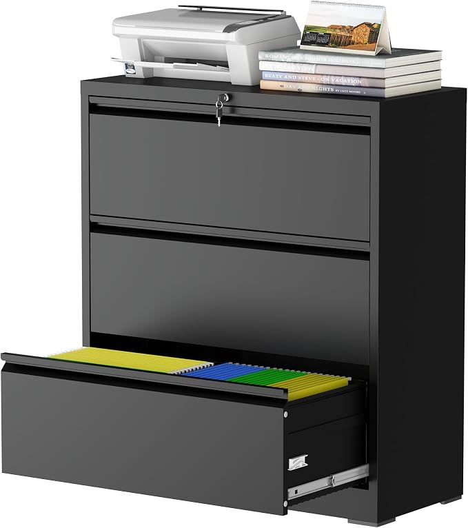 3 Drawer Metal File Cabinet, Lateral File Cabinet with Lock, Lateral File Cabinets for Home Office, Heavy Duty File Storage Cabinet for Legal/Letter/A4 Document, Assembly Required, Black