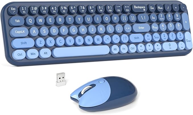 Wireless Keyboard and Mouse Combo, MOWUX Compact Typewriter Retro Round Computer Keyboard, Cute Optical Mouse Wireless, Plug and Play, for Laptop, PC, Computer- Sea Blue Gradient