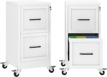 Small Metal 2-Drawer File Cabinet, Under Desk Office Cabinet, White | Rolling, Locking, Adjustable Hanging Rail, Fit A4, FC, Letter, Hanging File Folders for Home Office Storage Organization, 2PS