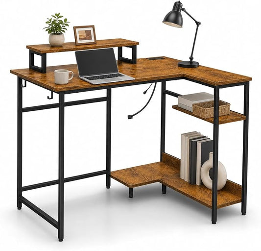 DEVAISE Compact 43" L Shaped Gaming Desk with LED Lights and Power Outlets - Corner Computer Table with Monitor Stand and Storage Shelves for Work and Gaming, Rustic Brown