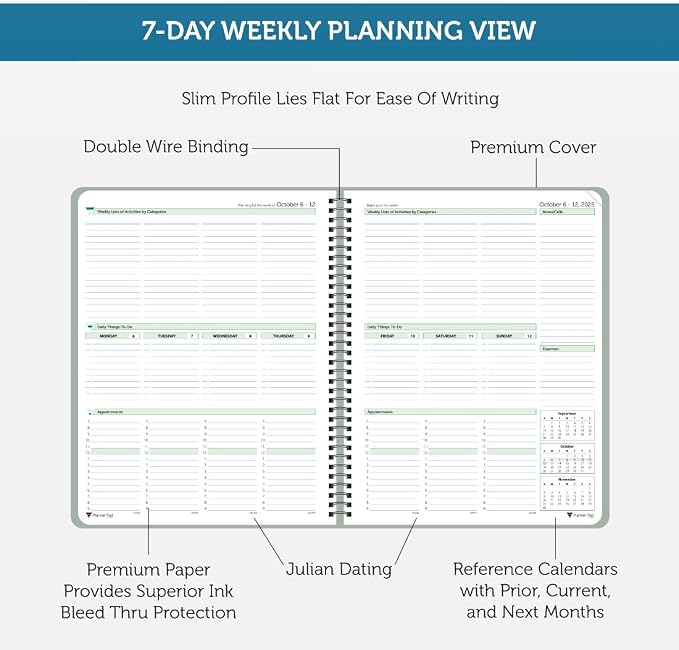Planner Pad Spiral Bound 3-Tier Funnel Down 12 Month Organizer, October 2025 – September 2026, Greenish Grey Cover/Soft Green Ink, 8 1/2" x 11"