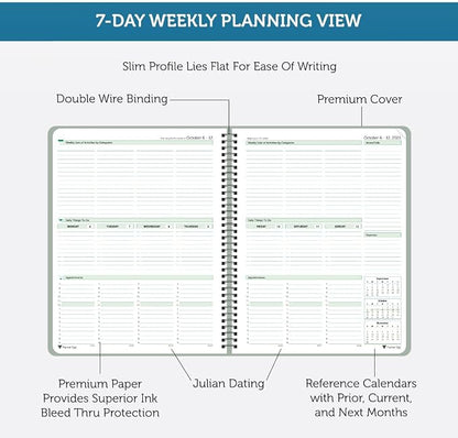 Planner Pad Spiral Bound 3-Tier Funnel Down 12 Month Organizer, October 2025 – September 2026, Greenish Grey Cover/Soft Green Ink, 8 1/2" x 11"
