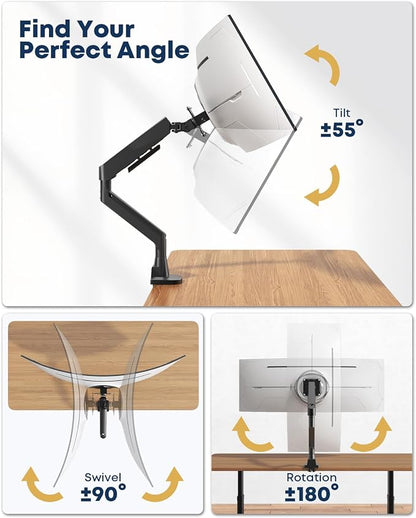 Ultrawide Monitor Arm - fits 17-49 inch Heavy Duty Flat/Curved Monitors, Full Motion Adjustable Gas Spring Arm Holds 35.2 lbs with Clamp & Grommet Desk Mount, VESA 75/100mm, Black