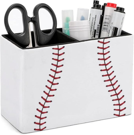 Niapessel Pencil Holder for Desk, Baseball Ball Pen Holder Storage Desktop Pen Organizer Desk Pencil Organizer Makeup Brush Holder for Office School College Leather