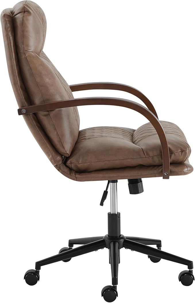 KISLOT Home Office Desk Chair, Ergonomic Office Chair with Lumbar Support, Adjustable Swivel Computer Chair with Wheels, Faux Leather Executive Task Chair with Wood Arms, Brown