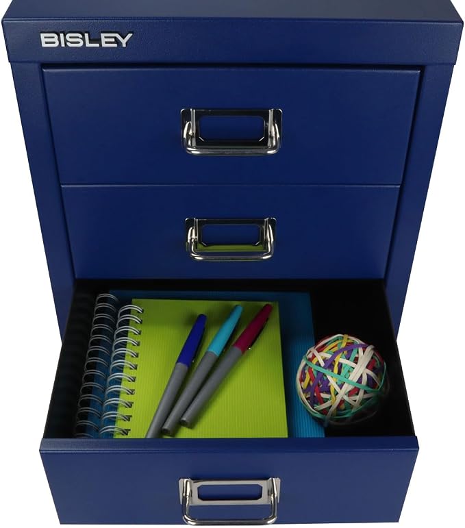 Bisley 3-Drawer Steel MultiDrawer Cabinet - Oxford Blue | Chrome Pull Handles with Label Holders, Powder-Coated Steel, Removable Drawers, Desktop Storage, Labels Included