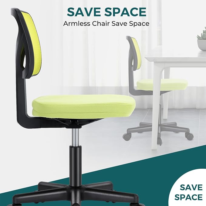 DUMOS Small Desk Chair Armless, Ergonomic Adjustable Home Office Swivel Rolling Task Chair No Arms, Comfy Mesh Mid Back Computer Work Vanity Desk Chiars with Wheels for Small Spaces, Green