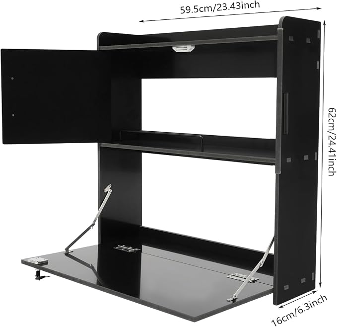 Wall Mounted Desk Cabinet with Storage, Fold Down Computer Desk, Space Saving Floating Workstation for Home Office, Laptop Writing Table (Black)
