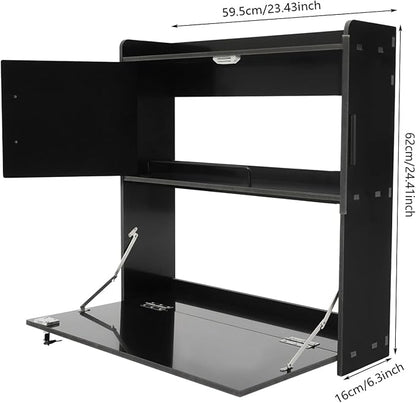 Wall Mounted Desk Cabinet with Storage, Fold Down Computer Desk, Space Saving Floating Workstation for Home Office, Laptop Writing Table (Black)