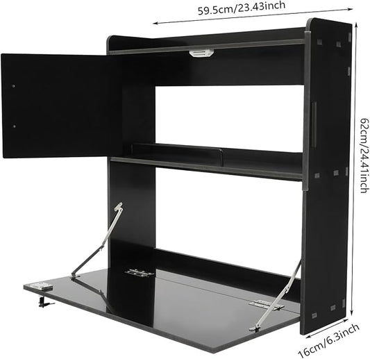 Wall Mounted Desk Cabinet with Storage, Fold Down Computer Desk, Space Saving Floating Workstation for Home Office, Laptop Writing Table (Black)