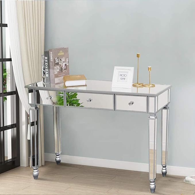 Henf Mirrored Console Table, Modern Makeup Vanity Desk Dressing Table with 3 Drawers, Contemporary Vanity Sofa Side Table Occasional Entry Table for Entryway/Living Room/Bedroom, Antique Silver