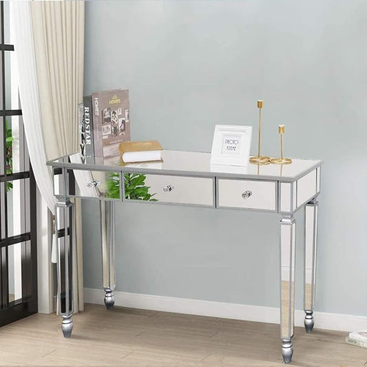 Henf Mirrored Console Table, Modern Makeup Vanity Desk Dressing Table with 3 Drawers, Contemporary Vanity Sofa Side Table Occasional Entry Table for Entryway/Living Room/Bedroom, Antique Silver