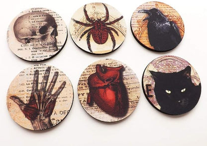 Halloween Home Decor Set of 4 or 6 Coasters Mousepad or Hardboard Skull Anatomical Heart Black Cat Raven Goth