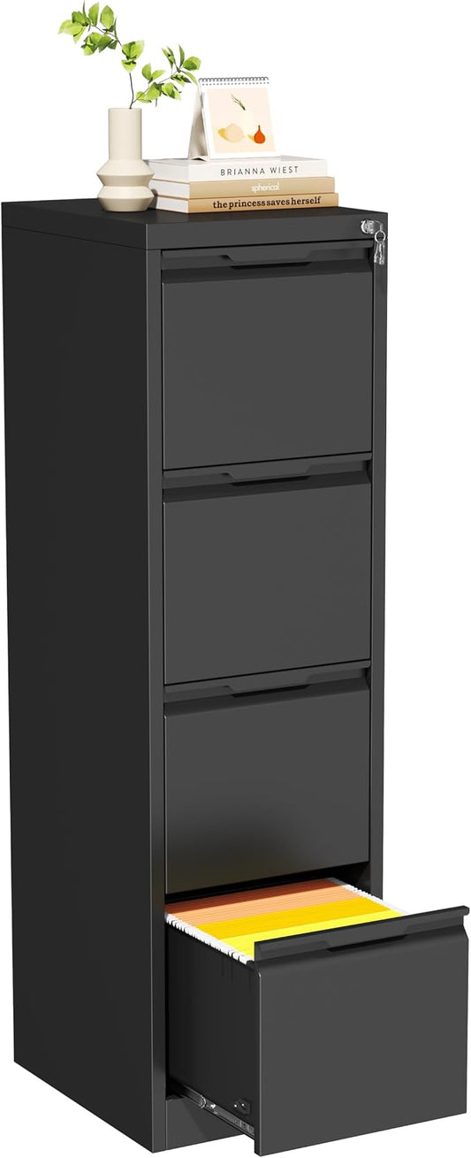 Bestoo 4 Drawer File Cabinet with Lock Metal Vertical Filing Cabinet Narrow File Cabinet Locked for Home Office A4 Legal/Letter Size Assembly Required (Black, 4 Drawers-Vertical)