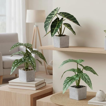 3pcs Small Fake Plants Artificial Begonia Leaves Faux Plants Indoor for Office Desk Shelf Bathroom Home Decor