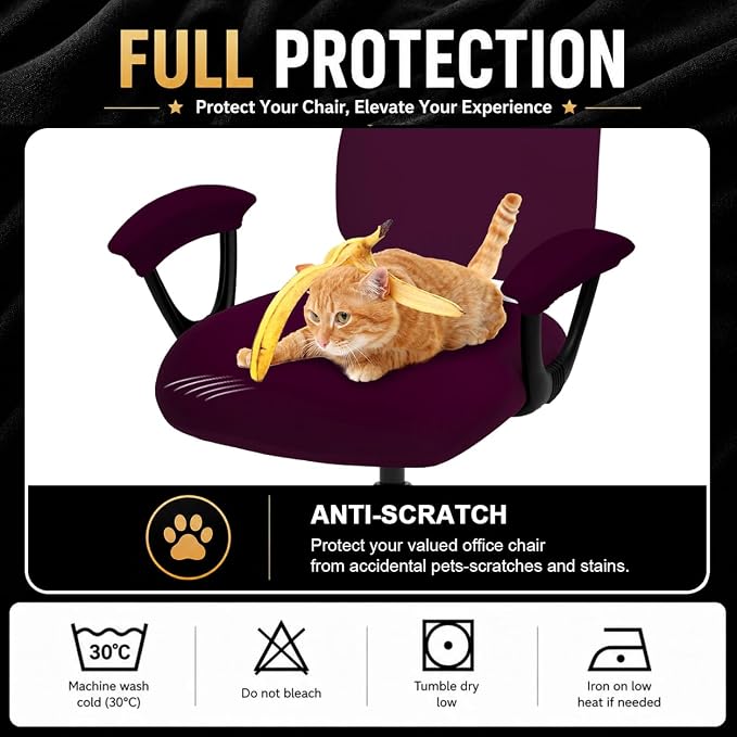 Stretchable Desk Office Chair Seat Covers - Universal Spandex Computer Chair Slipcover - Removable Washable Rotating Backrest Coverings & Cushion Protectors & Armrest Covers for Dogs, Cats, Pets, Plum