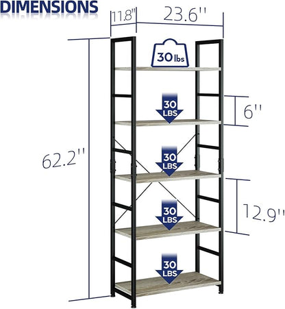 NUMENN 5 Tier Bookshelf, Tall Bookcase Shelf Storage Organizer, Modern Book Shelf for Bedroom, Living Room and Home Office, Grey