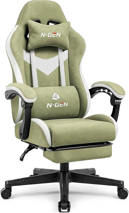 N-GEN GAMING Video Gaming Chair with Footrest Lumbar Support for Home Office High Back Recliner Height Adjustable Ergonomic Comfy Fabric Computer Desk Chair (Green)