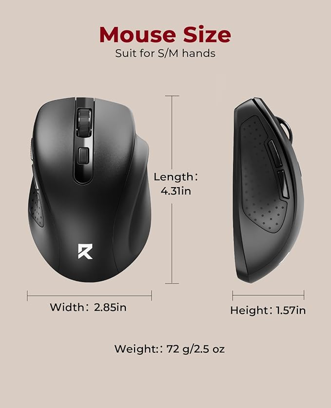 Redragon Wireless Mouse BT5.0/3.0 & 2.4G, 6 Buttons, 5 Level 4000DPI Bluetooth Mouse, 18 Months Battery, Portable Optical Computer Mice for Laptop, PC, Chromebook, Windows, Mac-Black